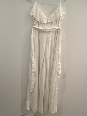 Altar'd State White Flowing Jumpsuit with Ruffle Neckline